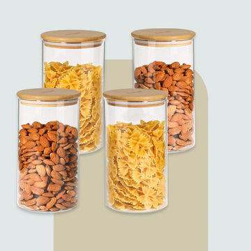HomePuff’s borosilicate glass canisters set of 2 (750ml each) with airtight bamboo lids. Durable, BPA-free, wide-mouth jars—perfect for coffee, sugar & spices pantry storage.